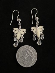 Vtg Silvertone Dangle White Enamel Petals & Clear Crystals French Wire Earrings