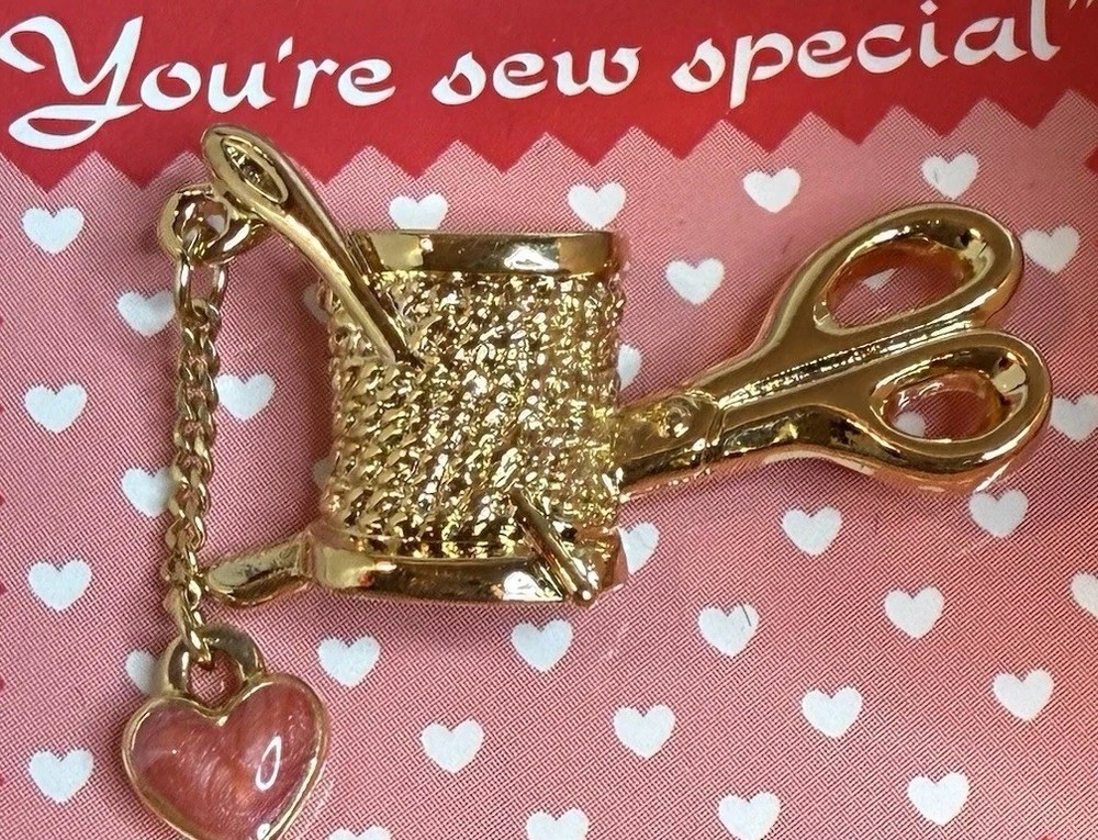 Vintage Avon You’re Sew Special Brooch Pin Scissors Spool Thread Heart Goldtone