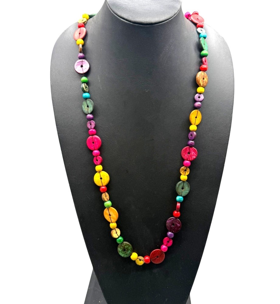 Vintage Necklace Colorful Wooden Button Bead One Long Strand NO CLASP 54 inches