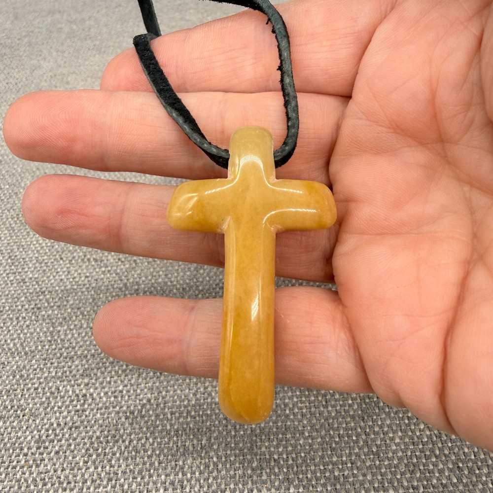 Vintage Cross Necklace Christian Stone Pendant Black Leather Chain 18”