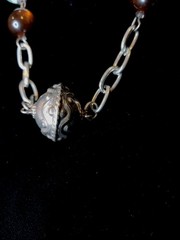 Vintage Silver Tone Etched, Brown And Teal Swirl Coin Art Glass & Plastic Beads