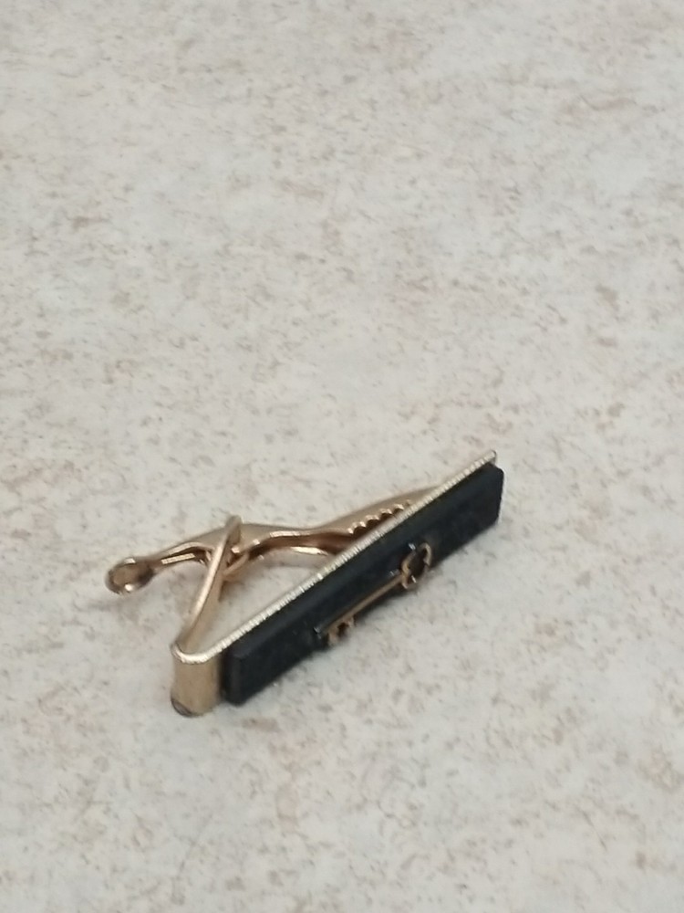 Black Top Tie Bar Clip for Men Vintage Gold Tone Bottom Skeleton Key