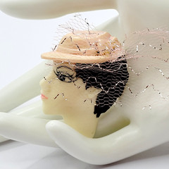 Painted Lady Face with Pink Hat and Veil Short Hair Brunette Vintage Brooch Pin