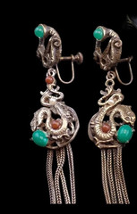 Antique Asian Dragon Jade Carnelian Cabochon Dangle Screw Back Tassel Earrings