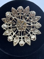 Vintage Liz Claiborne Brooch Pin Brown Rhinestone Gold Tone Bling 2.25″