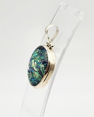 Vintage Sterling Silver Multicolor Dichroic Fused Glass Pendant 1.8″ X 1.03″