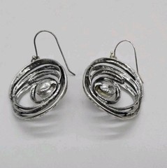 Spiral Earring Faux Pearl pierced Silver tone Hammered Dangle Boho 2.25 in