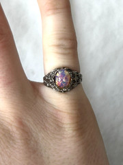 Intricate Czech Glass Rainbow Harlequin Faux Fire Opal Ring Silver-Tone 3.5 Ring