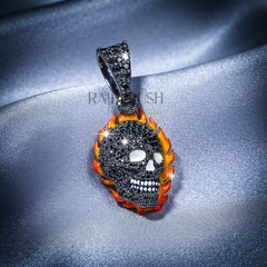 925 Sterling Silver Flaming Skull Pendant Black Moissanite Hip Hop Charm Unisex