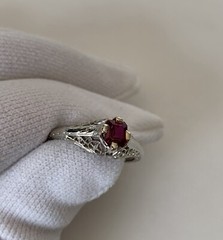 Art Deco Belais 18k White Gold Filigree Ring w/ Ruby – Appraised $2,650