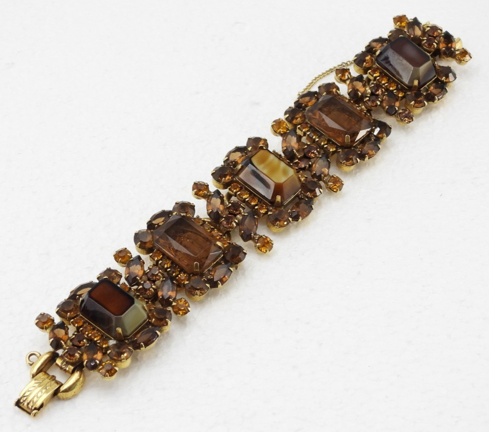 Vintage Delizza & Elster JULIANA Topaz Givré Glass & Rhinestone 5-Link Bracelet