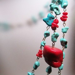 Blue Turquoise Red Coral Nugget 3 Strand Adjustable Length Western Necklace