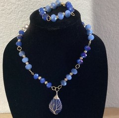 Blue Glass Beaded Necklace, Bracelet 3.5 inches across, Pendant Tree of life