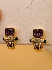 VTG Nolan Miller Clip On Earrings Gold Tone Purple Green Retro Glam Dynasty