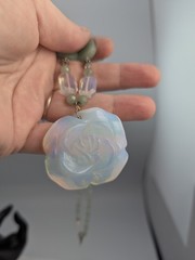Vtg Sterling Silver Large Opalite Rose Flower Carved Jade Leaf Necklace