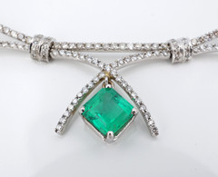 Vintage 2.5ct Columbian Emerald Diamond Bib Necklace 14k White Gold 16″ NG1976
