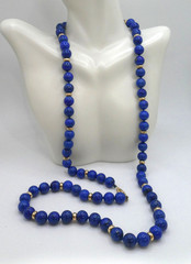 14K Gold 10mm Lapis Lazuli Bead Necklace 32”l Opera 14K Rondelle Spacers 106g