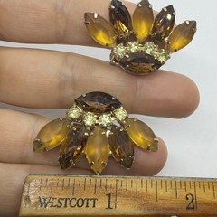 Vtg Art Deco Marquise Rhinestone Statement Orange Brown Climber Earrings Clip-on