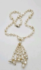 Faux Pearl Tassel Necklace asymmetrical Beaded Waterfall Gold tone Vintage 29 in