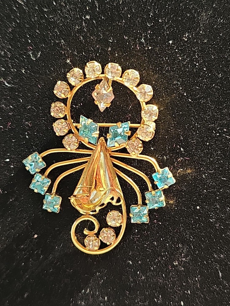Vintage Signed DeCurtis 1/20 GF Yellow Gold Filled Brooch Pendant Crystals Blue