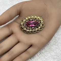 Vintage Gold Tone Brooch Pink Oval Rhinestone Faux Pearl Halo Cluster Pin 1.75″