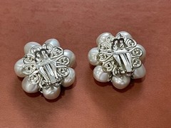 Vintage Japanese Silver Tone Metal Faux Pearl Flower Form Clip on Earrings
