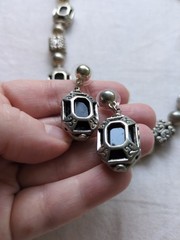 Vintage Onyx And Silver Tone Necklace And Earrings Set