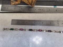 Vtg Two Tone Sterling and 14kt Gold Gemstone Tennis Bracelet 10g 7″ 6mm