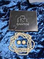 Vintage Gantos Costume Jewelry Gold White Pearl 60″ Necklace Clip On Earrings