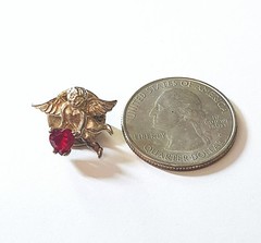 Vintage 925 Sterling Silver & Ruby 3/4″ Cherub/Guardian Angel Heart Lapel Pin