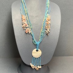 MOP Shell Pendant Necklace 26 In Pink Turquoise Beads Boho Beachy Retro Hippie