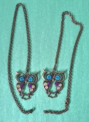 Pair of OWL Pendants W/Colorful Rhinestones Necklaces In Bronze Tone