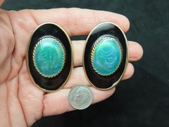 Vintage 1980’s Gold Tone Black w/Teal & Green Oversize Pierced Earrings