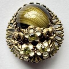 Green Porphyry Glass Cabochon Brass West Germany Vintage Clip On Earrings