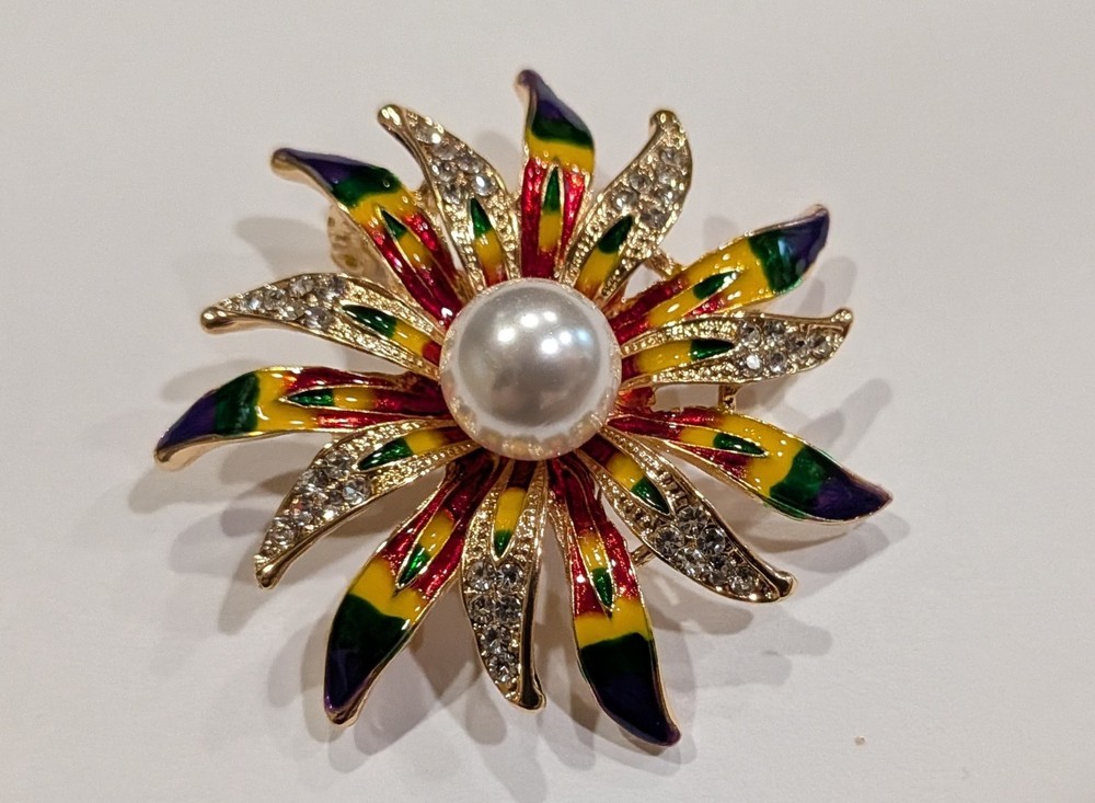 Rainbow Brooch Rhinestone Faux Pearl Gold Tone Vintage Style 2″