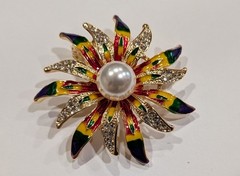 Rainbow Brooch Rhinestone Faux Pearl Gold Tone Vintage Style 2″