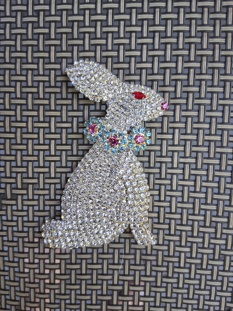Beautiful Huge Rhinestone Bunny Brooch with Beaded Decorative Bag Vintage