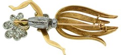 18k Two-Tone Gold Vintage Hula Dancer Brooch w/ Irradiated Diamond