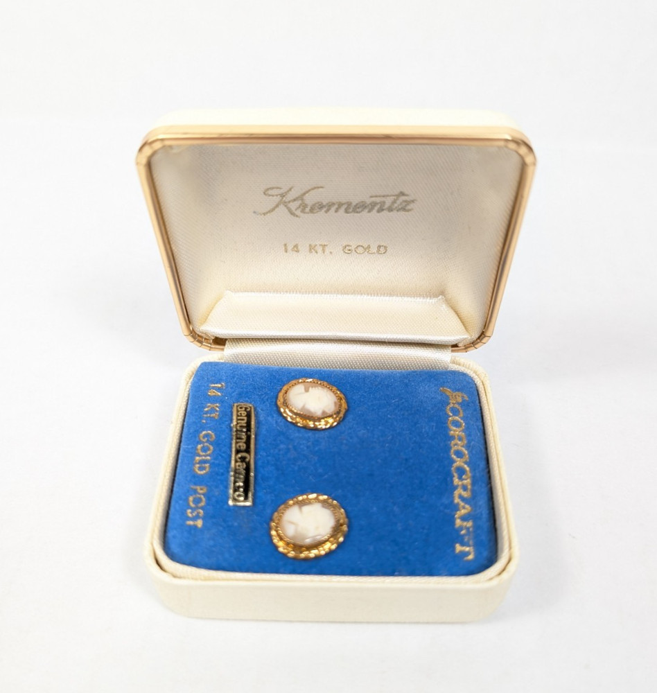 Vintage Corocraft 14kt Gold Post Cameo Earrings in Box