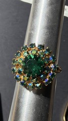 Vintage Emerald Aurora Borealis Rhinestone Adjustable Band Ring Costume Jewelry