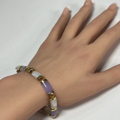 Vintage WJ 10k Yellow Gold Lavender Jade & Mother Of Pearl Asian Bracelet 7.5”