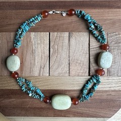 LJ Beaded Necklace 18 Inch Turquoise Carnelian Mutton Fat 925 Sterling 76.7g
