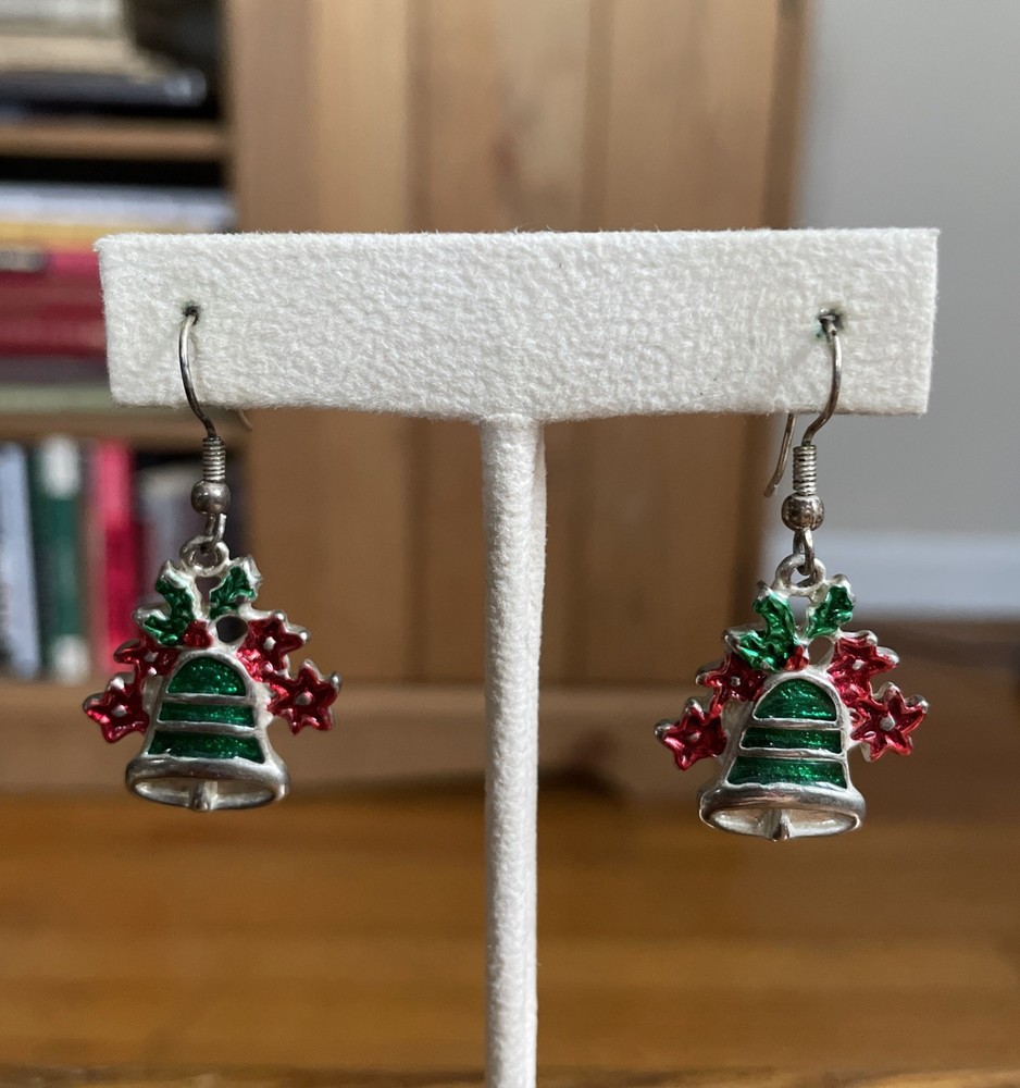 Vintage 90s Silver Christmas Bell Enamel Hanging Earrings Green Red