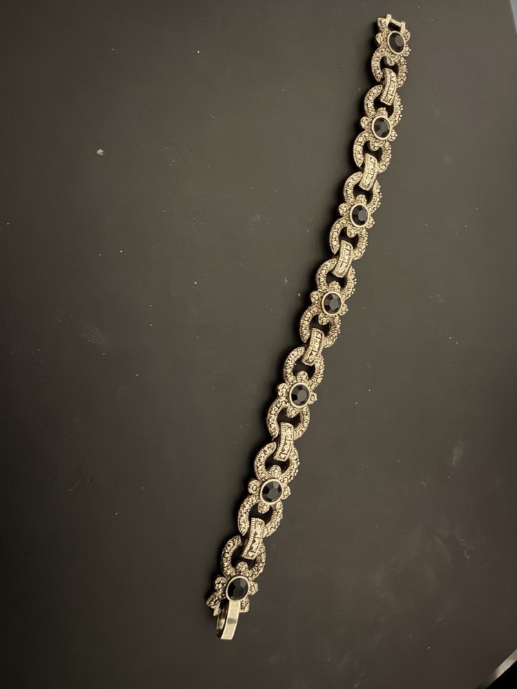 Vintage 7.5” Silver Tone Marcasite And Black Stone Art Deco Bracelet Unsigned