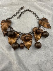 Vintage Copper Tone Leaf Necklace Bib Cherries Fall Autumn 19”