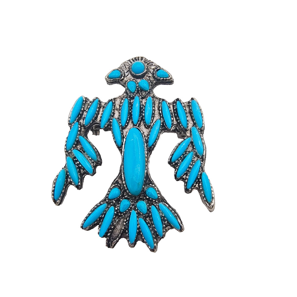 Vintage Thunderbird Brooch Silver Tone Faux Turquoise Southwestern Zuni Style