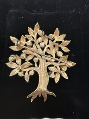 TRIFARI CROWN SIGNED BRUSH GOLD TONE & PEARL TREE BROOCH