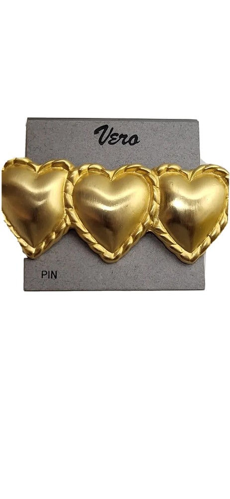VINTAGE VERO BRUSHED GOLDTONE HEART TRIO PIN/BROOCH