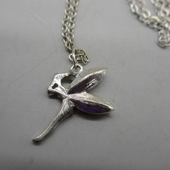 Vintage Fairy Necklace Pendant Pink Wings Silver Tone 23 Inch