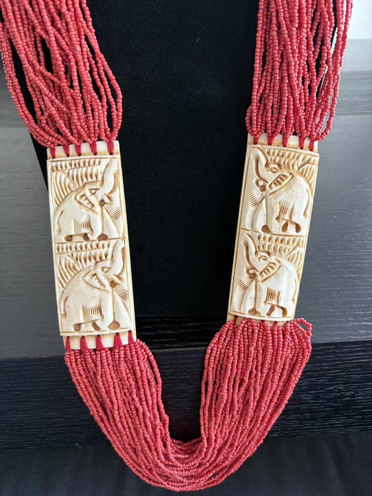 VINTAGE TAMBA GLASS BEADED Coral Necklace With IVORY insets.
